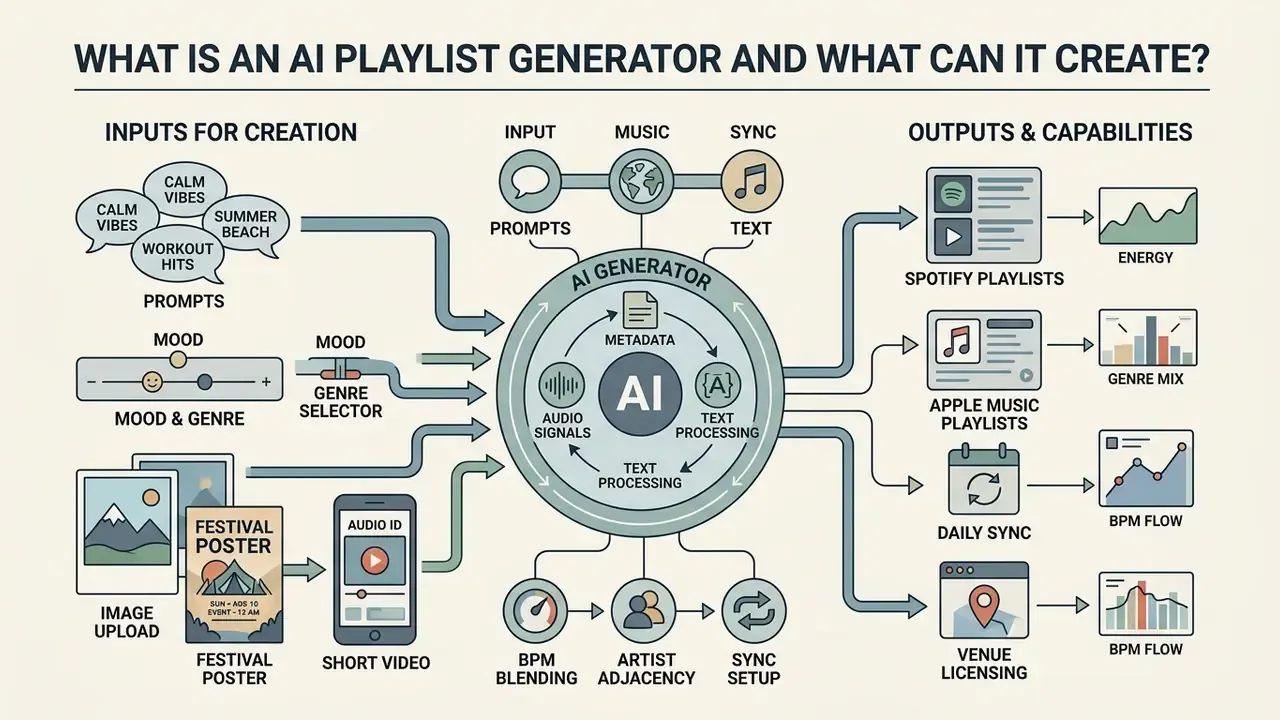 Flowchart showing how prompts, images, and audio inputs are processed by an AI playlist generator