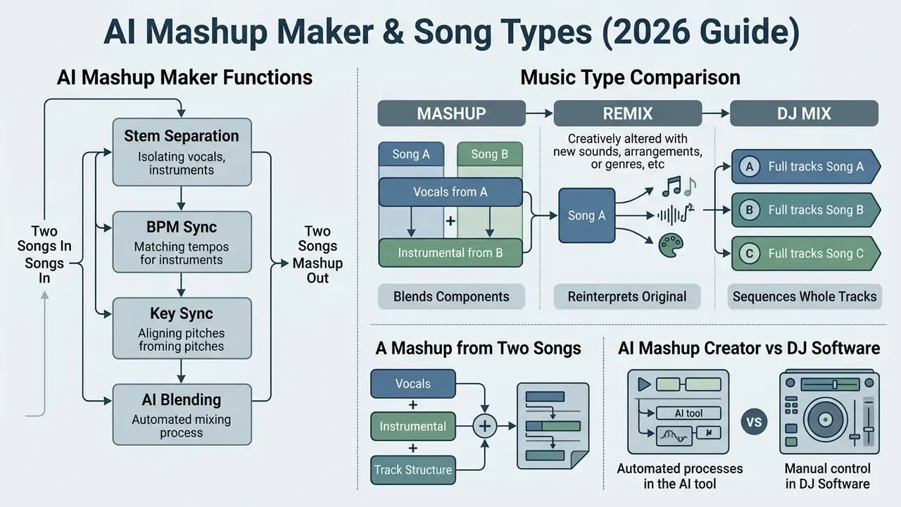 Infographic showing how an AI mashup maker functions and compares to remixes and DJ software