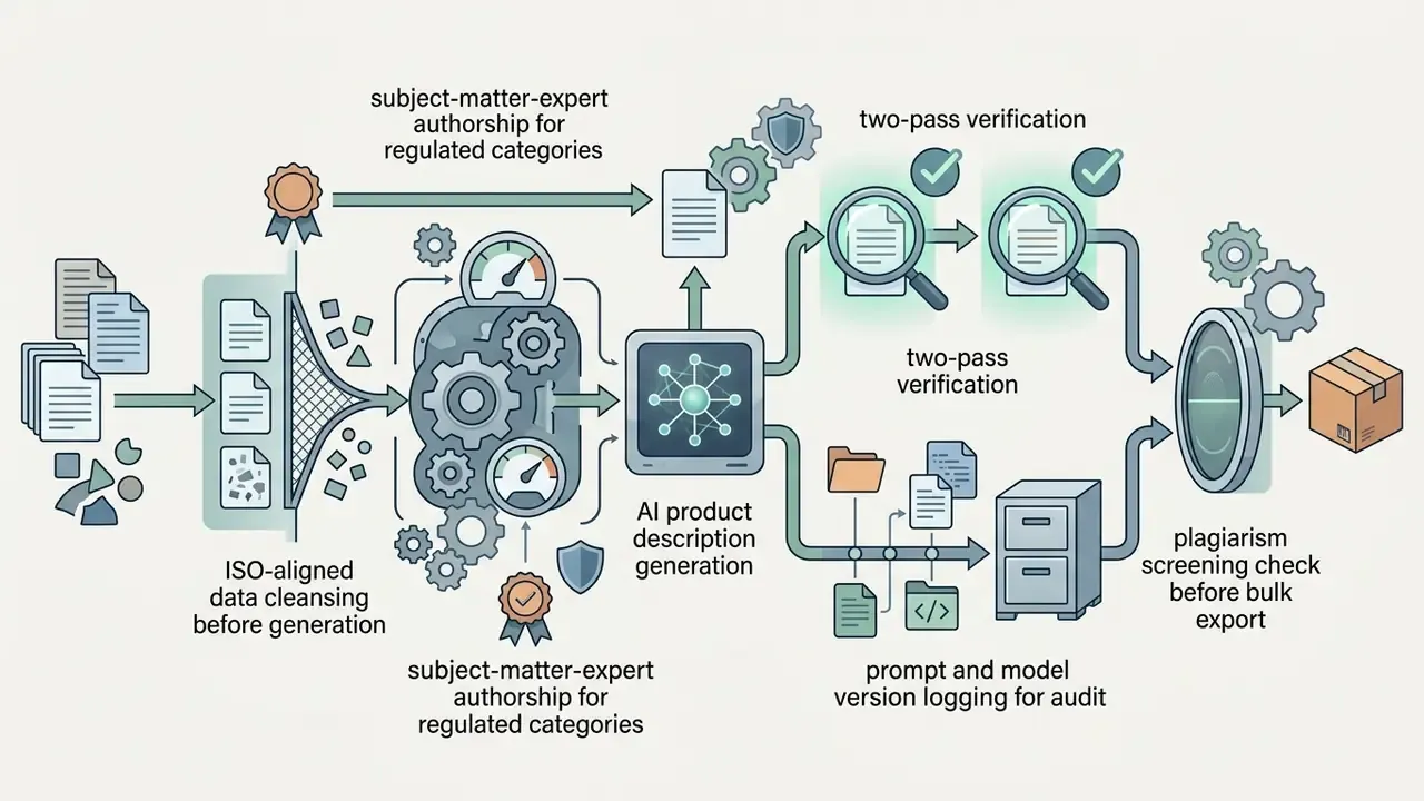 Systematic workflow showing data cleansing, AI generation, human verification, and audit logging stages