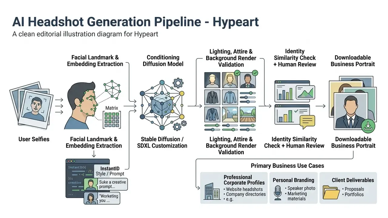 Flowchart showing an AI headshot generator pipeline from user selfies to final business portraits