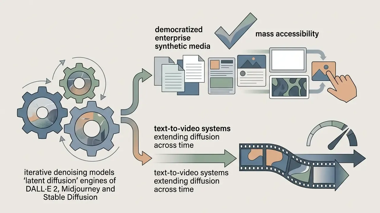 Interconnected gears powering the transition from latent diffusion models to mass media and video tools