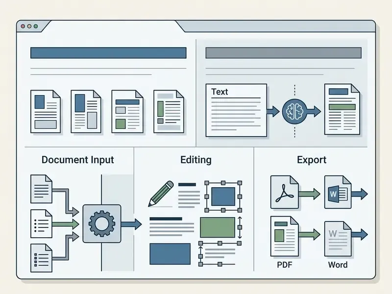 Layout showing document input, AI text processing, custom editing tools, and PDF or Word export options