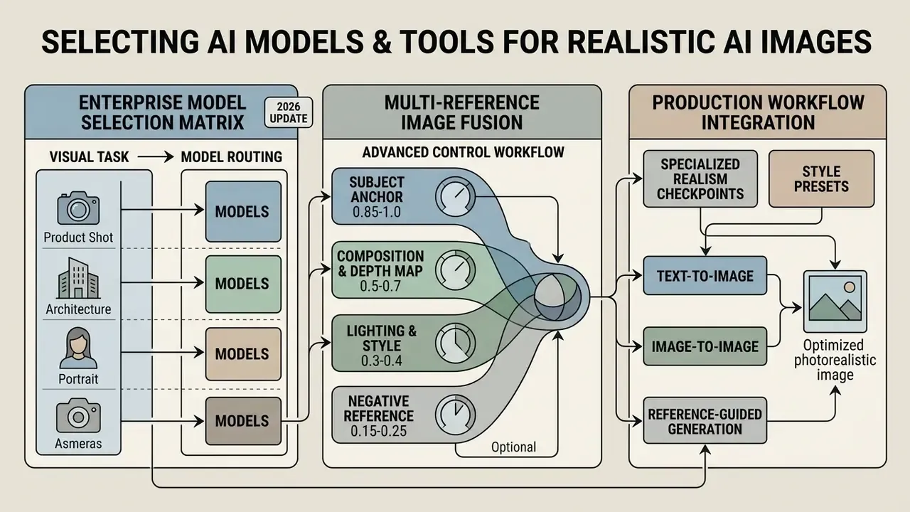 Diagram detailing model selection, multi-reference fusion workflows, and production integration steps