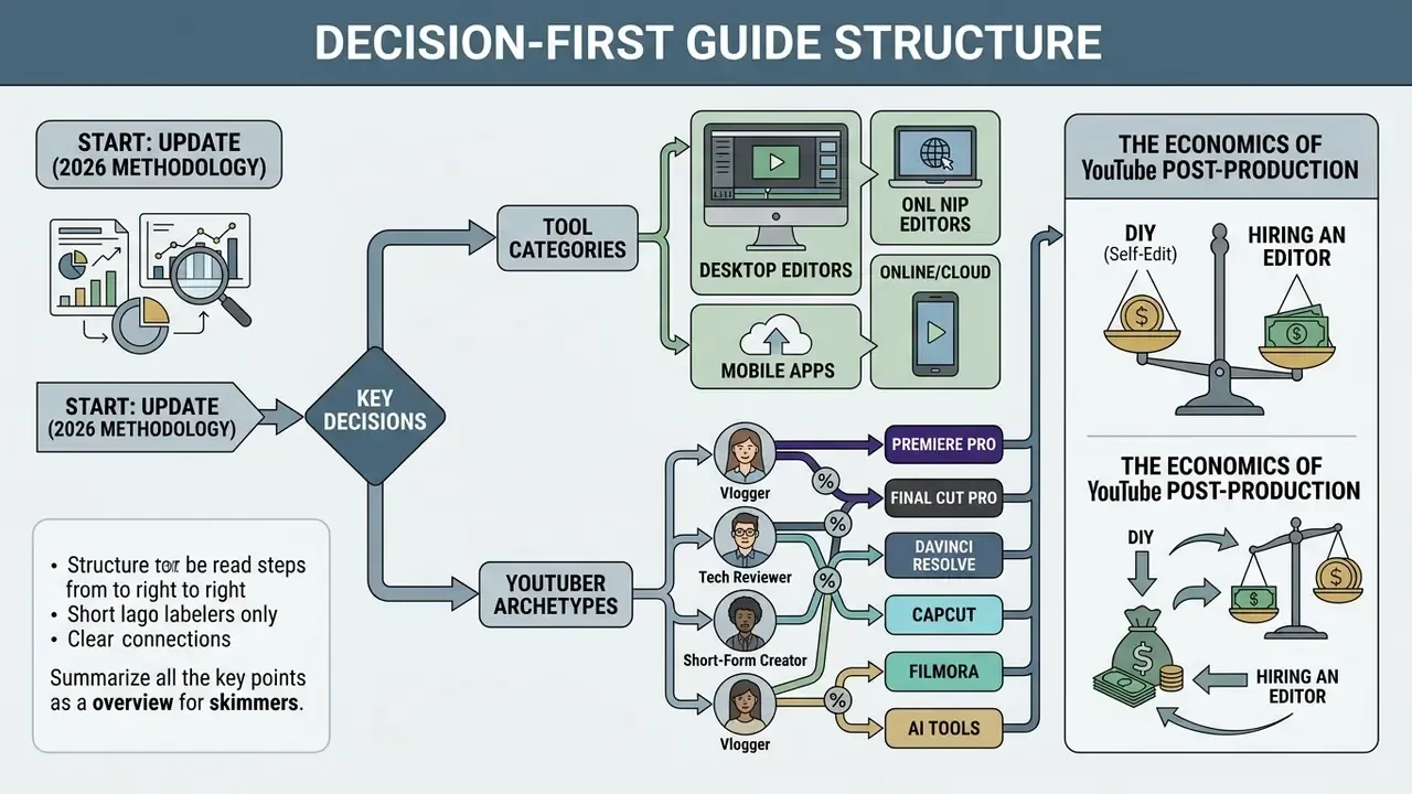Flowchart detailing video editing software categories, creator archetypes, and post-production economics
