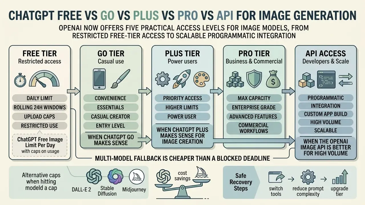 Comparison chart detailing access levels for image generation from free tiers to professional API integration