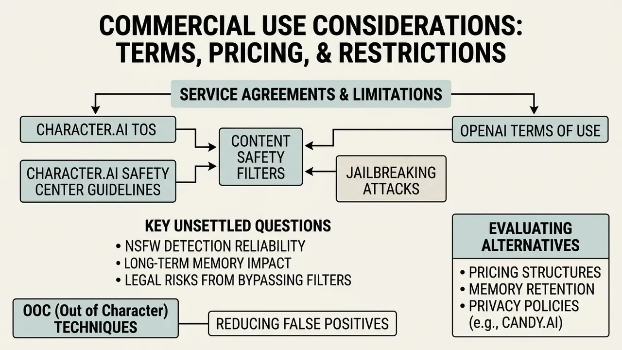 Diagram mapping commercial service agreements, content safety filters, and key AI policy considerations