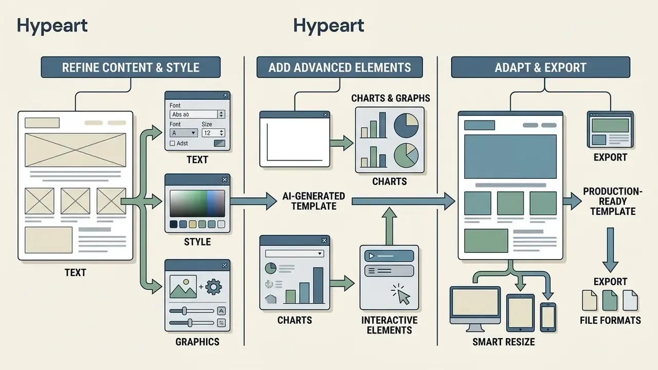 Workflow showing how to refine layouts by editing styles, adding interactive elements, and exporting files