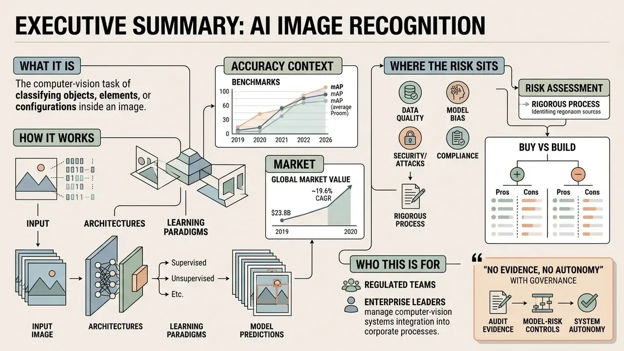 Infographic detailing AI image recognition through process flows, market trends, and risk management steps