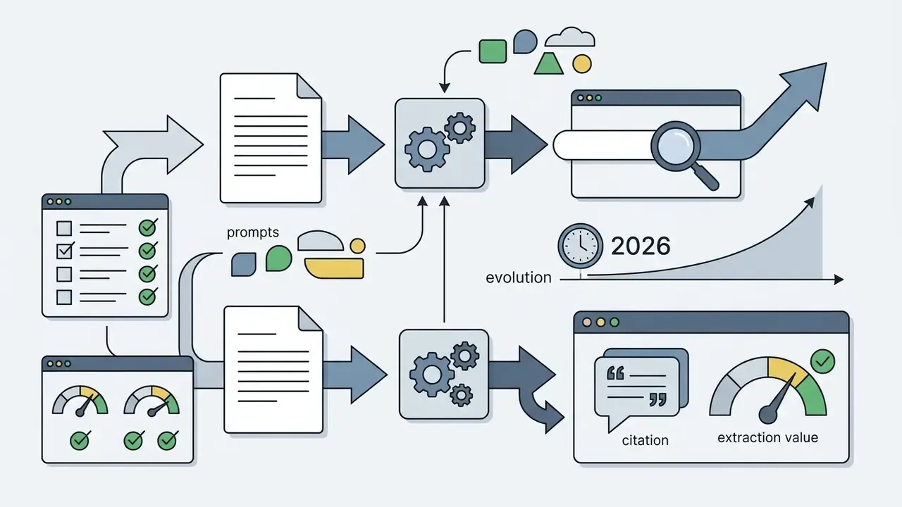 Process flow showing document processing into search engine citations and extraction value metrics