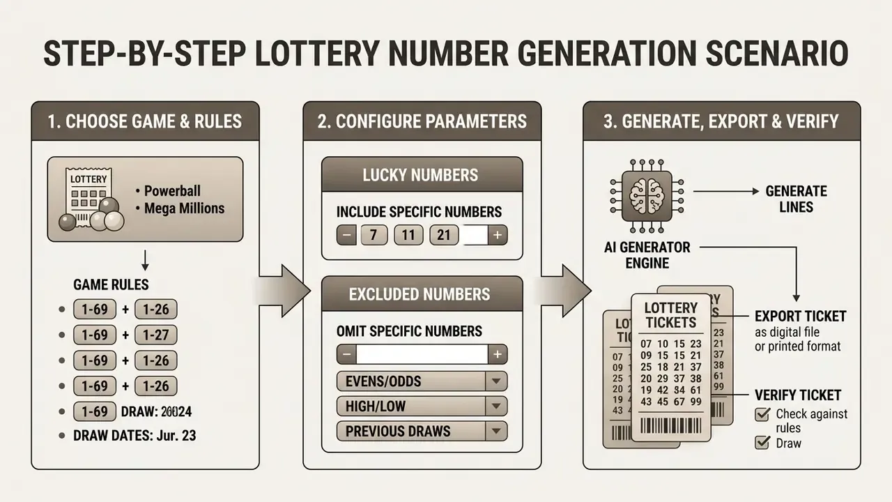 Three-step flowchart showing game selection, parameter configuration, and ticket generation and verification