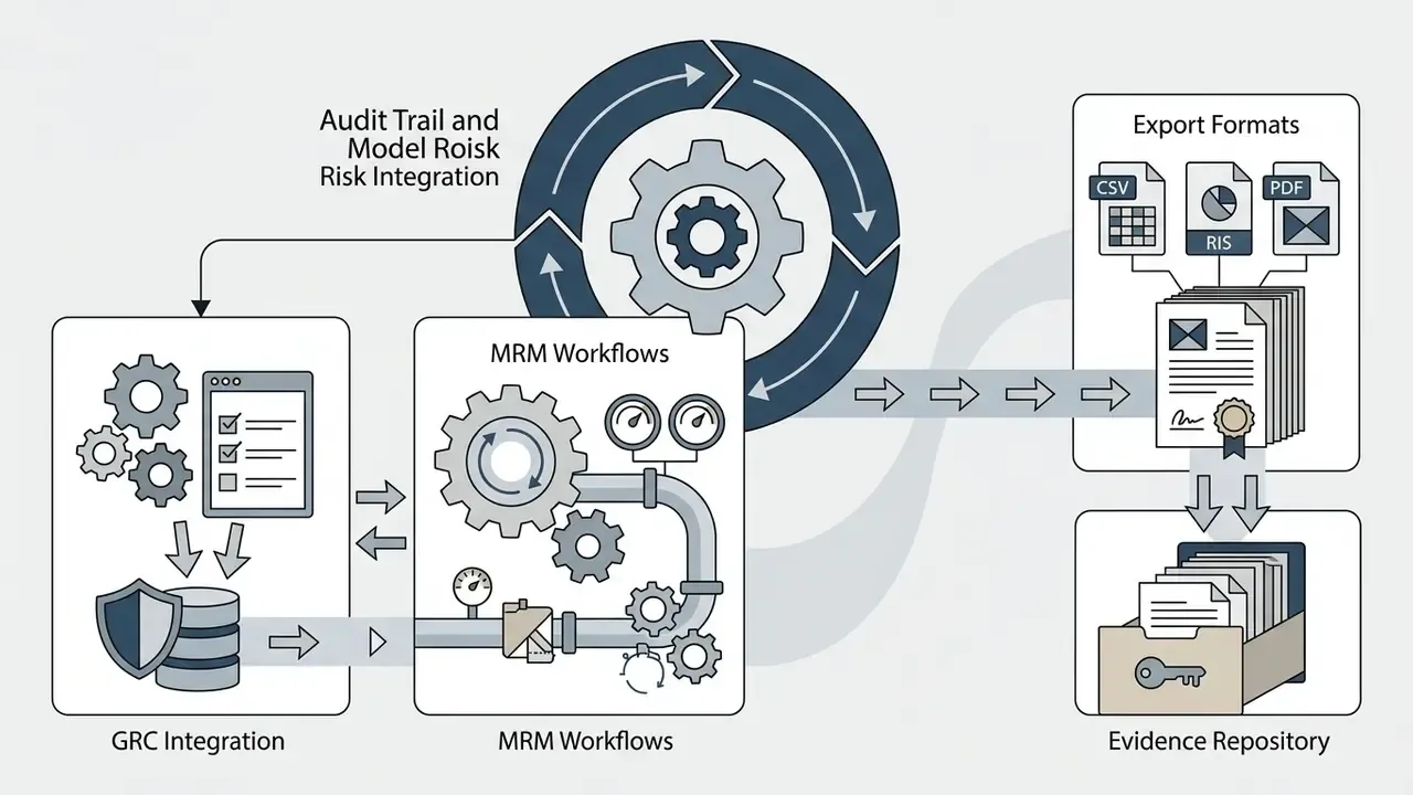 Gears and pipes connecting GRC integration and MRM workflows to exported files in an evidence repository