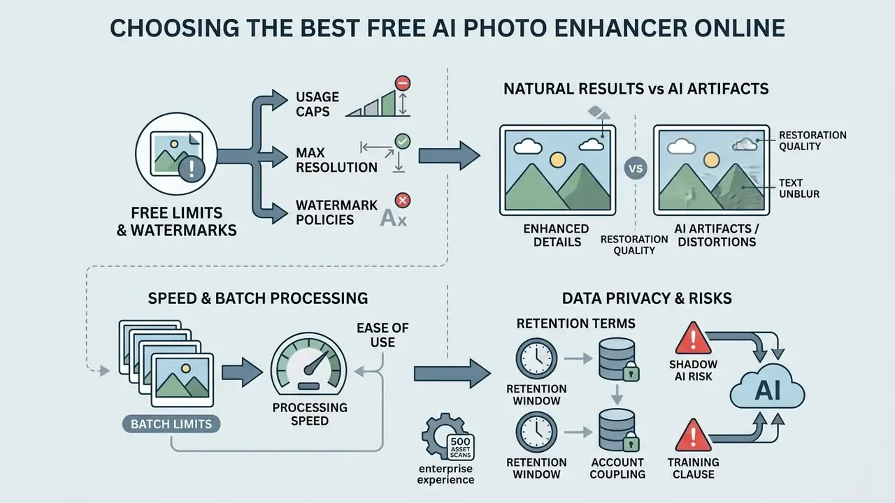 Infographic outlining key factors for evaluating a free AI photo enhancer including usage and privacy