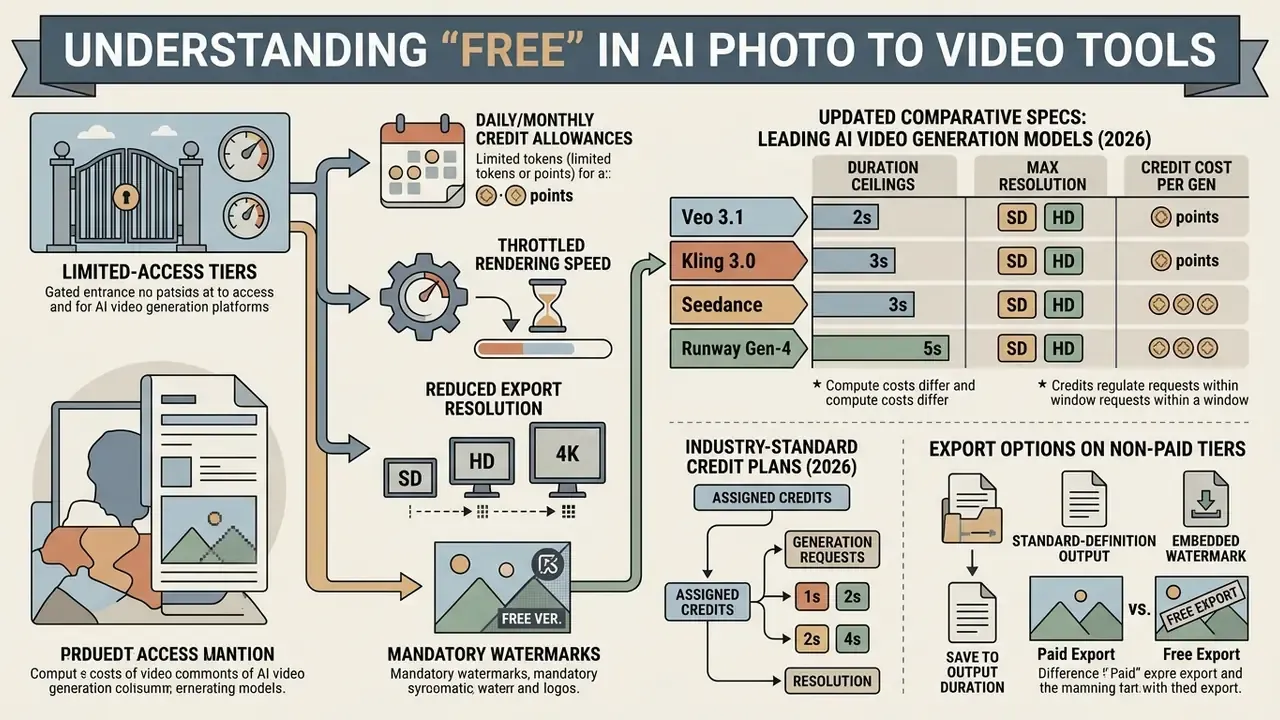Infographic detailing how credit systems, resolution limits, and watermarks restrict free AI video generation