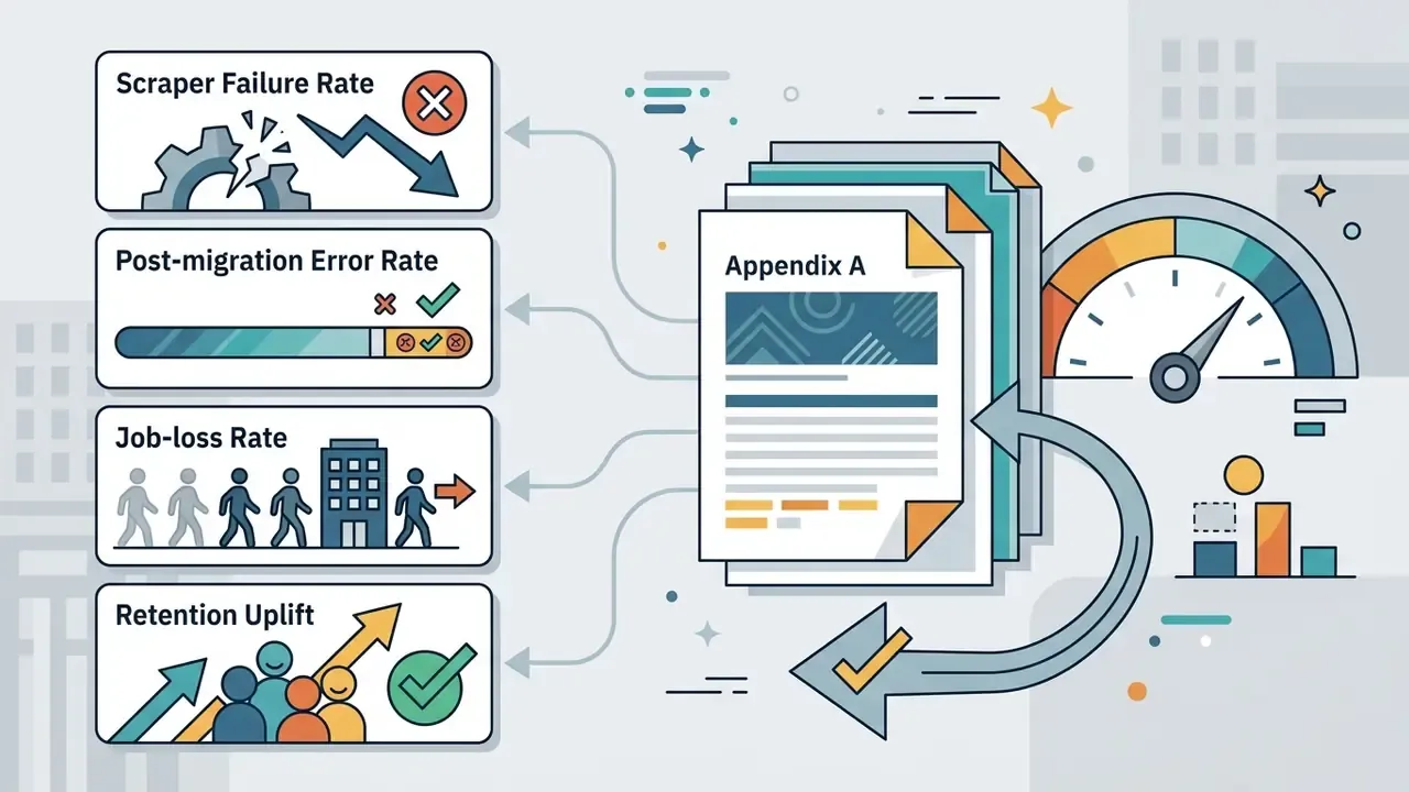Metrics for scraper failure, error rates, job loss, and retention linked to an Appendix A document