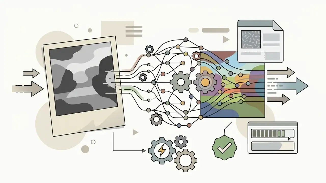 Neural network processing a black and white photo into a colorized version with status indicators
