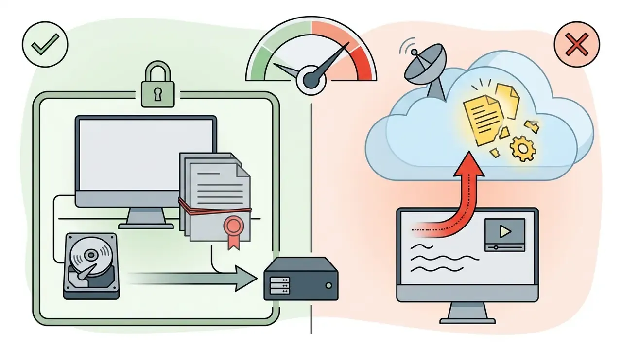 Split view showing local storage as safe and cloud uploading as a risky practice for sensitive video files