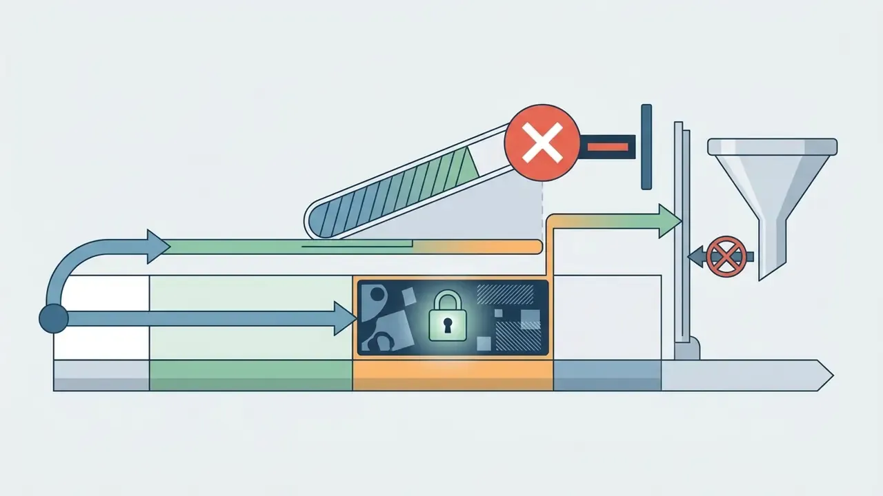 Diagram showing a video processing line with a locked segment that prevents data from reaching the output