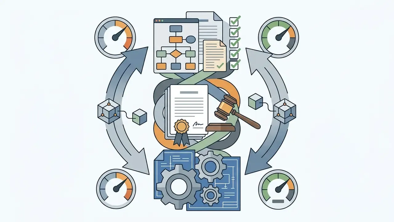 Legal documents and a gavel integrated with gears and speedometers in a cyclical enterprise workflow