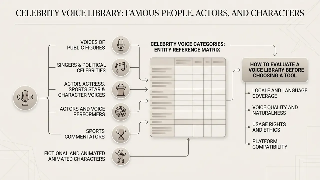 Diagram mapping various voice categories to an entity reference matrix for an ai celebrity voice generator