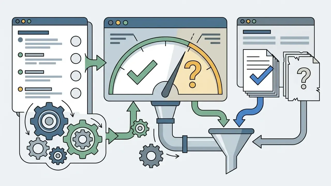 Gears powering a gauge that filters code and document outputs into a funnel for audit assessment