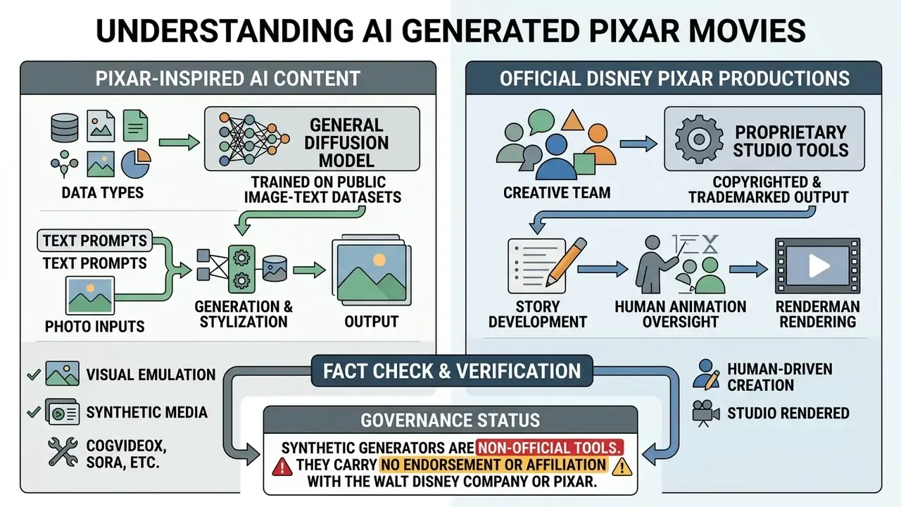 Comparison diagram contrasting AI generated Pixar movies with official studio production workflows