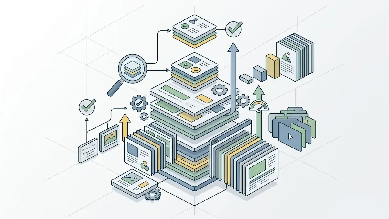Isometric view of layered digital templates with icons for search, organization, and media processing