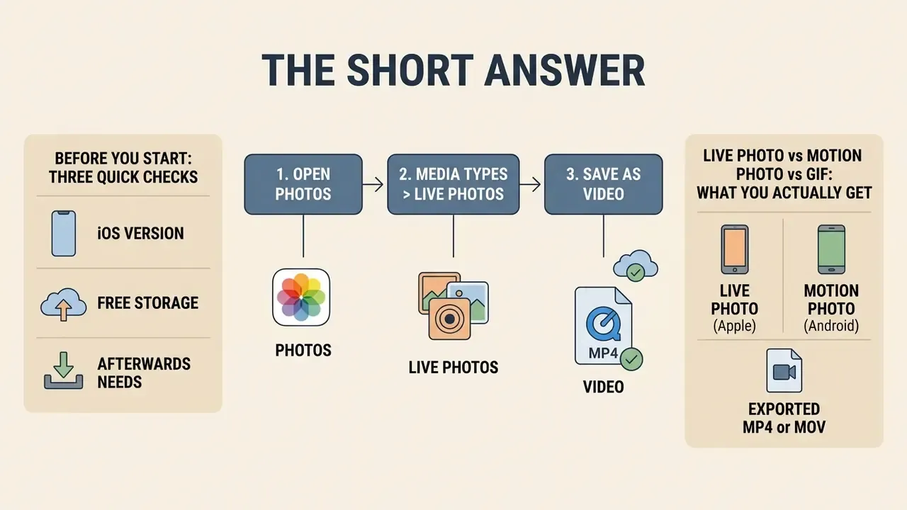 Infographic showing steps to turn a live photo into a video with pre-check list and format comparisons