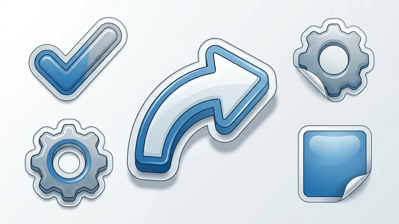 Set of puffy blue and white icons featuring a check mark, arrow, and gears with a vinyl-like appearance