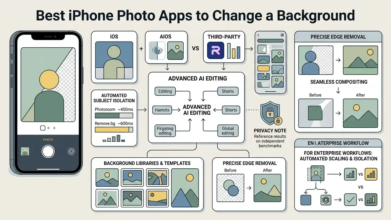 Flowchart comparing native iOS tools and third-party apps to change a photo background on iPhone