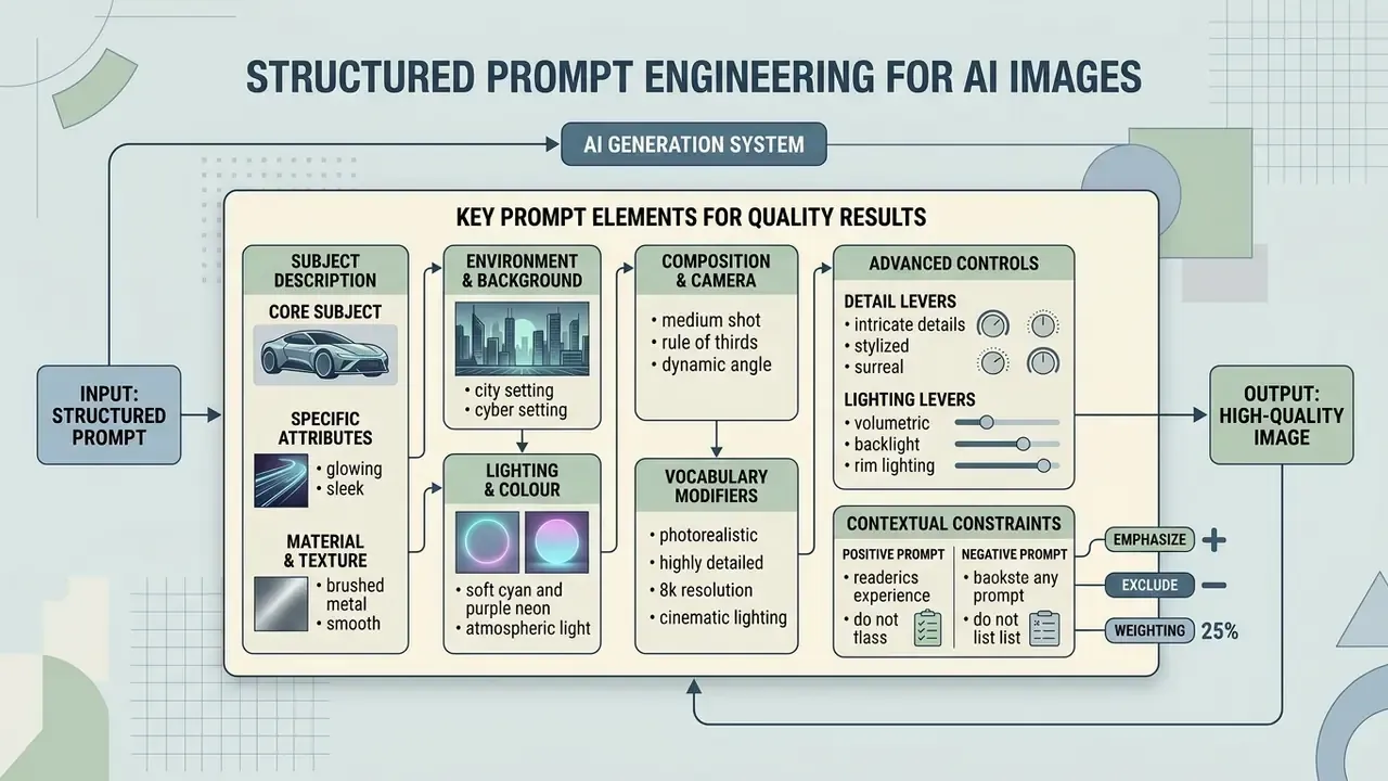 Infographic detailing the essential components and advanced controls for structured AI prompt engineering