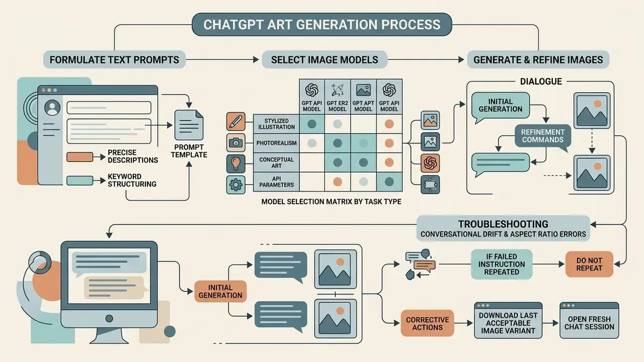 Flowchart detailing the steps to use a ChatGPT art generator from prompt creation to troubleshooting