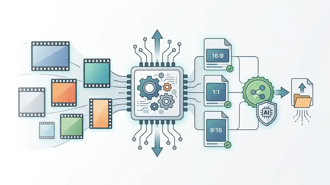 Video frames entering a processor to be exported as various aspect ratios with metadata and AI labels