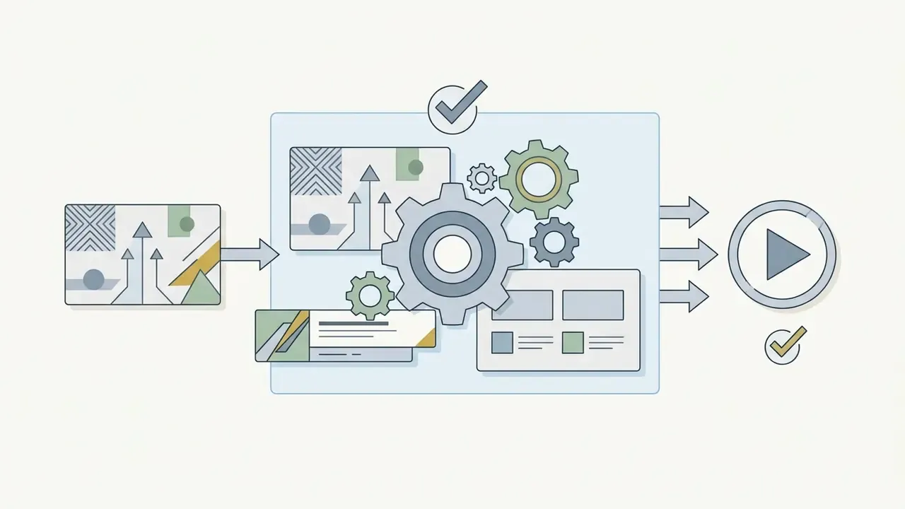 Gear mechanism processing intro, outro, and lower-third assets into a unified video file