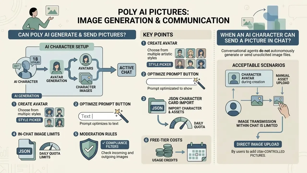 Infographic detailing how Poly AI handles character avatar creation and the limits on sending images