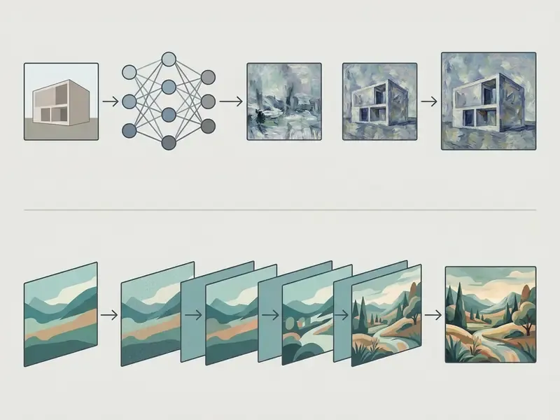 Diagram comparing neural style transfer and generative diffusion pipelines for photo to painting AI