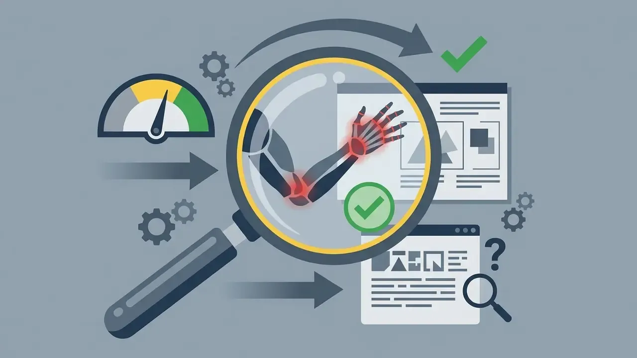 Magnifying glass over a robotic arm with red highlights near document icons and a performance gauge