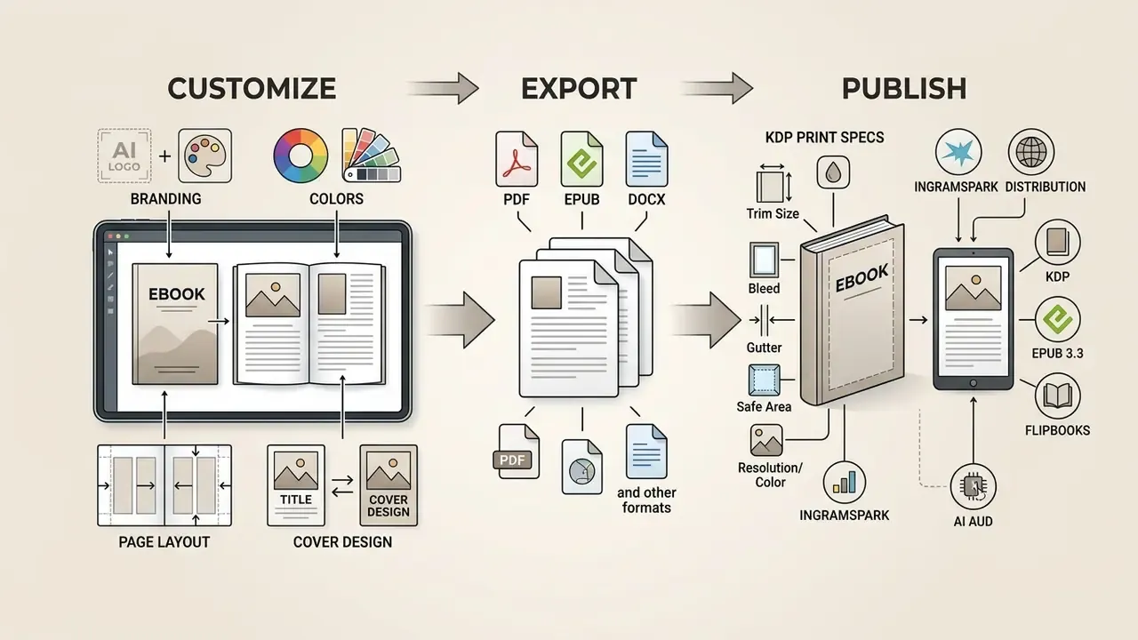 Diagram detailing steps to customize branding, export files, and configure print or digital distribution
