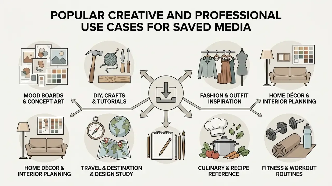 Central download icon branching into eight categories of creative and professional media use cases