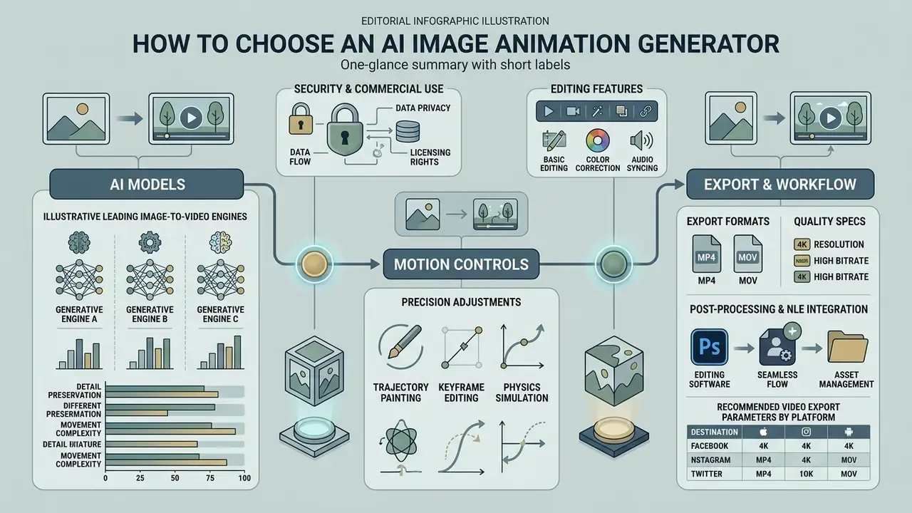 Infographic detailing criteria for selecting an AI image animation generator including models and exports