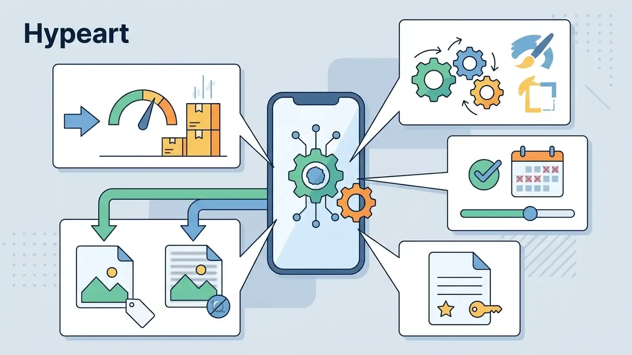 Smartphone connected to various icons representing app features like image processing and subscription plans