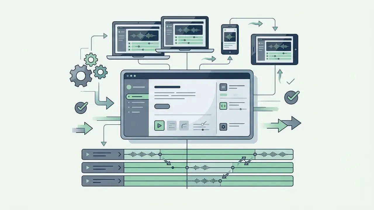 Multi-device video editing workflow connecting mobile and desktop apps with synchronized audio timelines