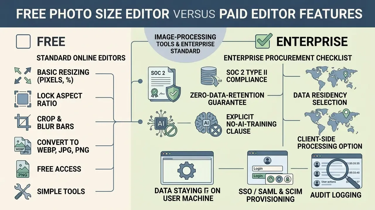 Comparison chart contrasting basic online tool functions with enterprise procurement security standards