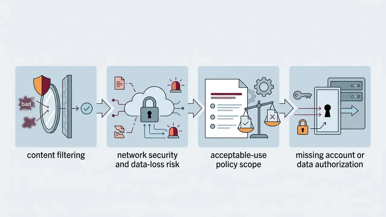 Four sequential boxes illustrating content filtering, network security risks, policy scope, and access control