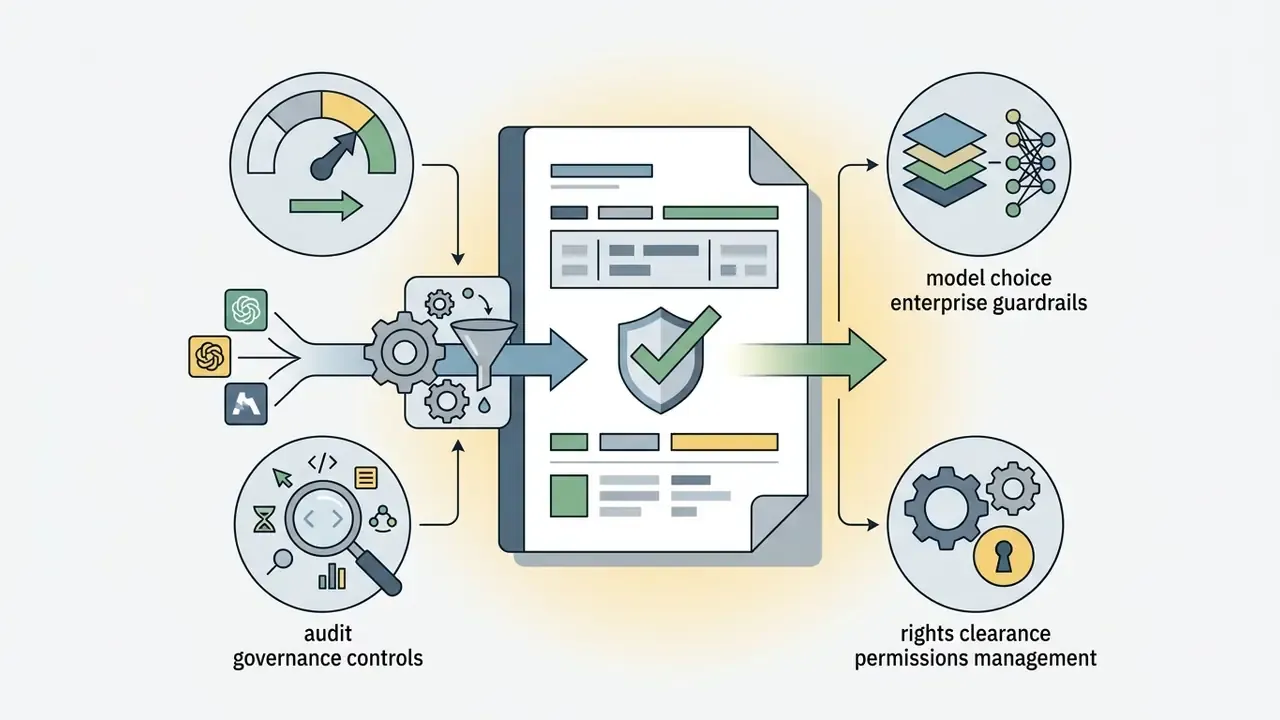 Document icon showing a workflow for enterprise AI image generation with audit and rights management steps