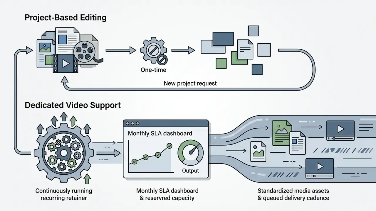 Two-part visual showing project-based requests versus a continuous gear-driven monthly retainer workflow