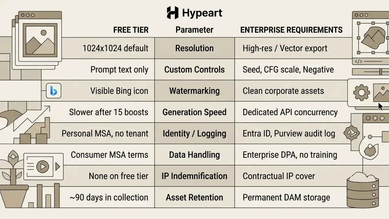 Comparison table contrasting free tier image generation features with enterprise requirements