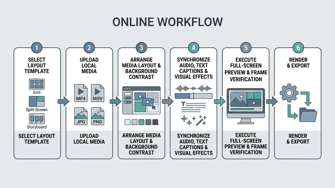 Six step flowchart showing the online workflow to create a collage video from media upload to export