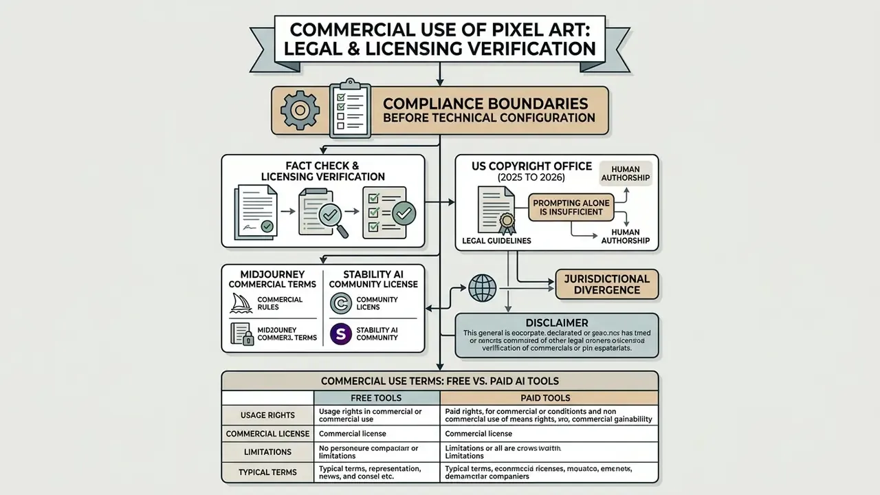 Flowchart outlining legal and licensing compliance steps for using AI software in commercial projects