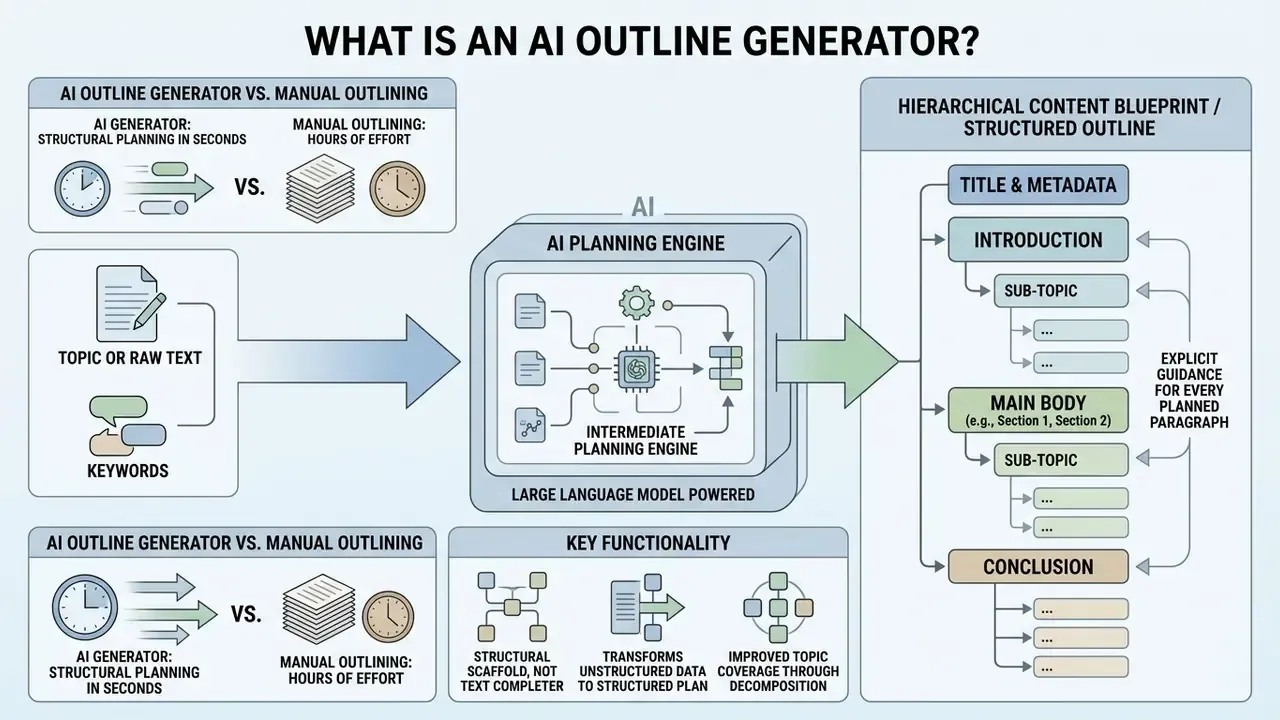 Diagram showing how raw input transforms into a structured content blueprint via an AI planning engine