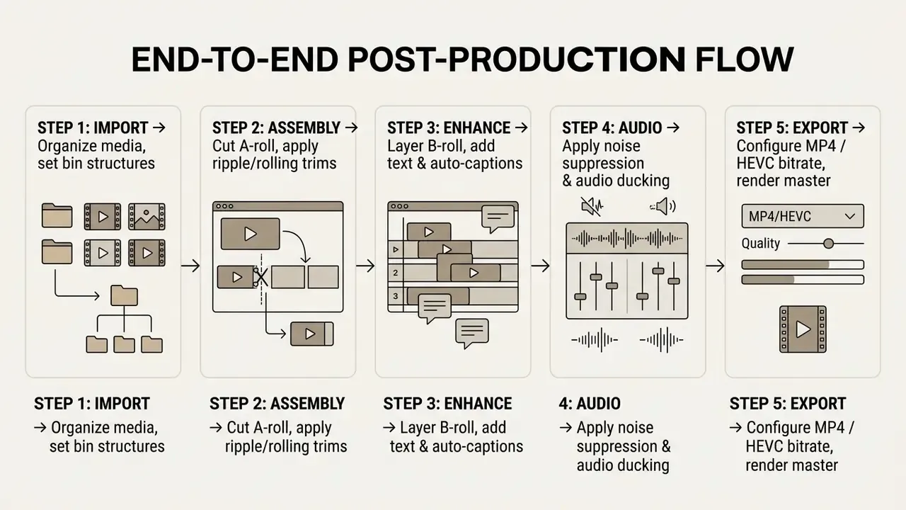 Five sequential steps outlining a video post-production workflow from media organization to final export